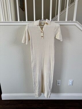 Varley Ivory Cotton Ribbed Polo Maxi Knit Dress